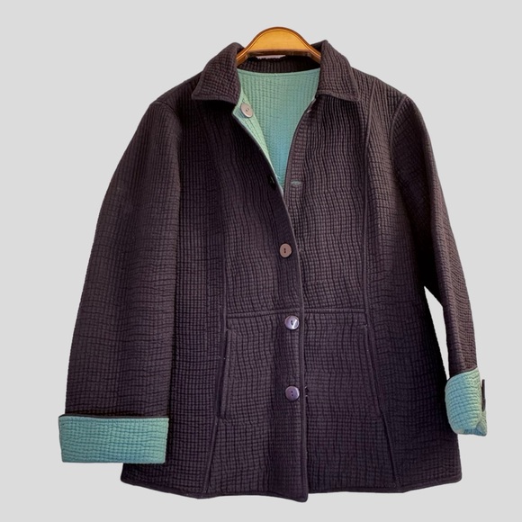 Women’s Jacket L Quilted Reversible Navy Blue Turquoise - Picture 2 of 14